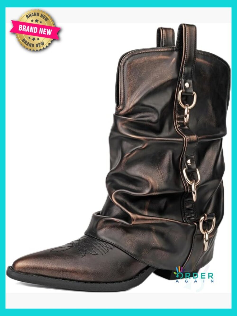 Western Cowgirl Boots with Chunky Heel Pointed Toe Slouchy Moto Booties